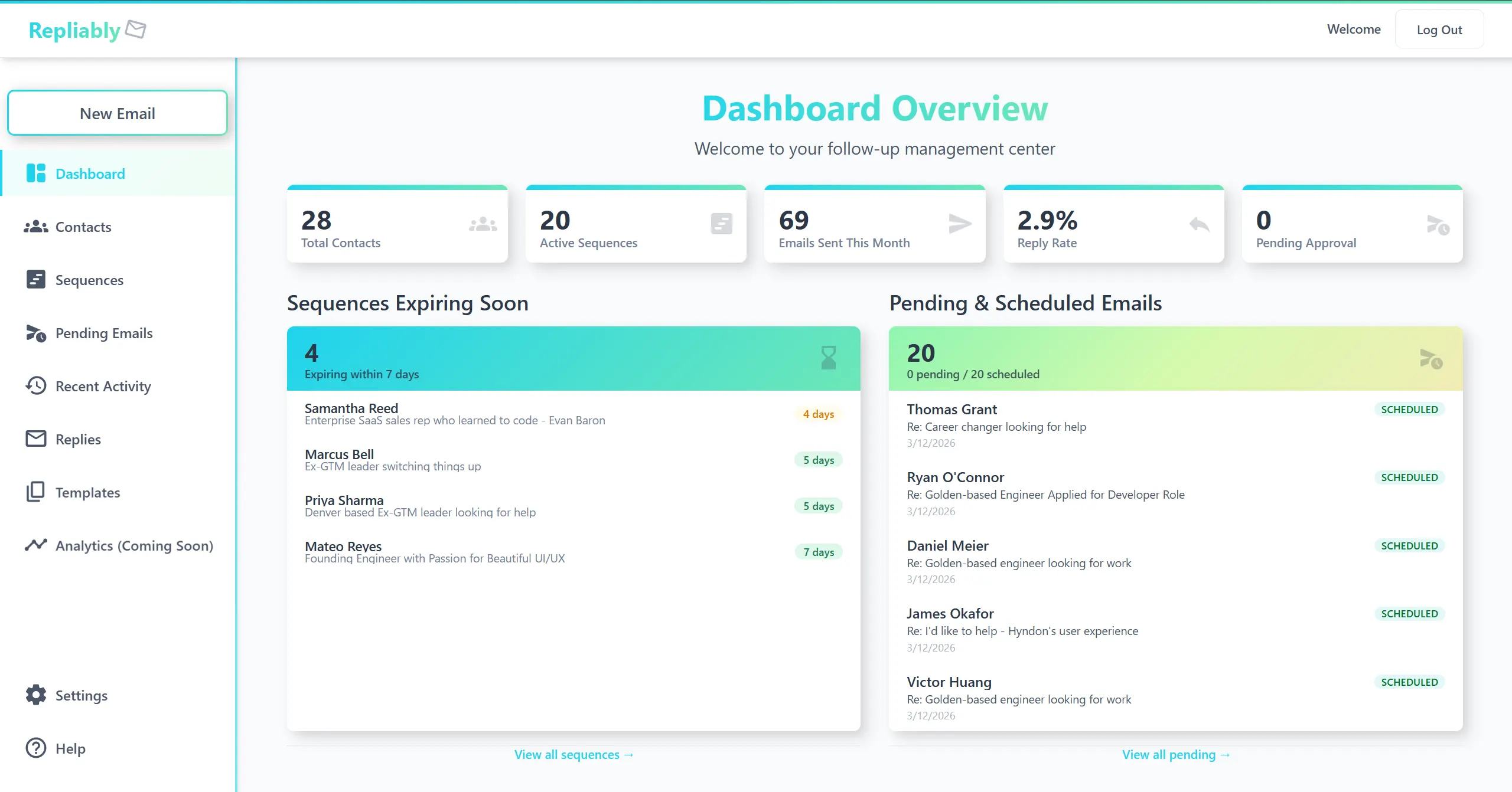 Screenshot of the Repliably dashboard with sample data