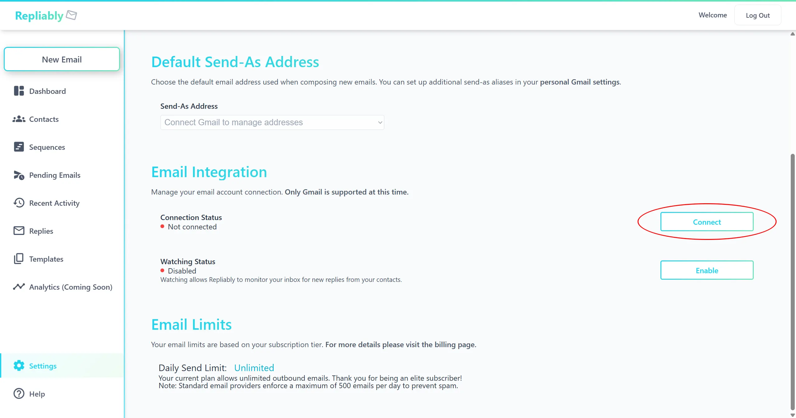 Screenshot of the Gmail connection flow in Settings