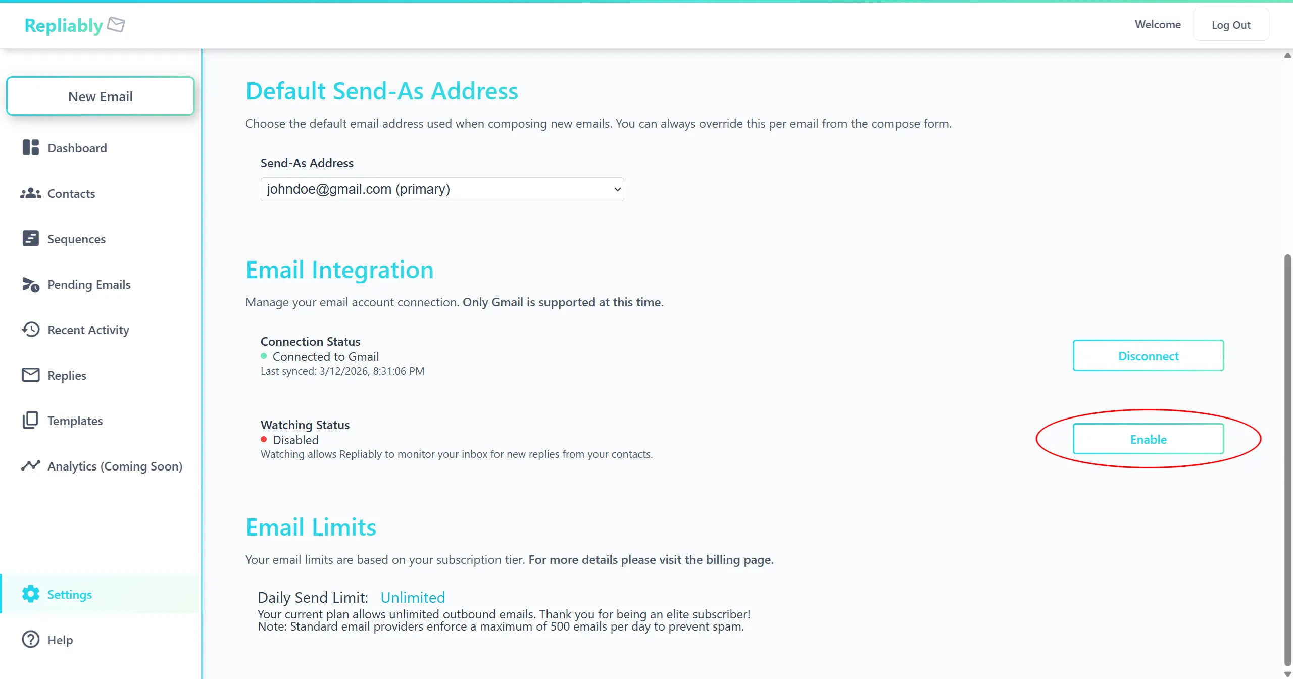 Screenshot of the email watching toggle in Settings