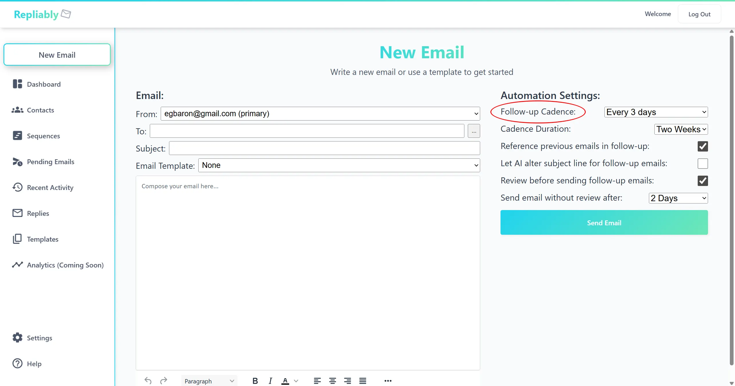 Screenshot of the cadence type selector in the New Email form