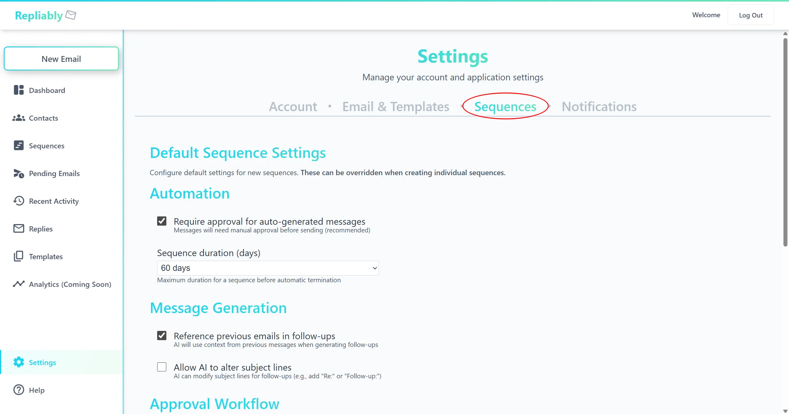 Screenshot of the sequence default settings in the Settings page