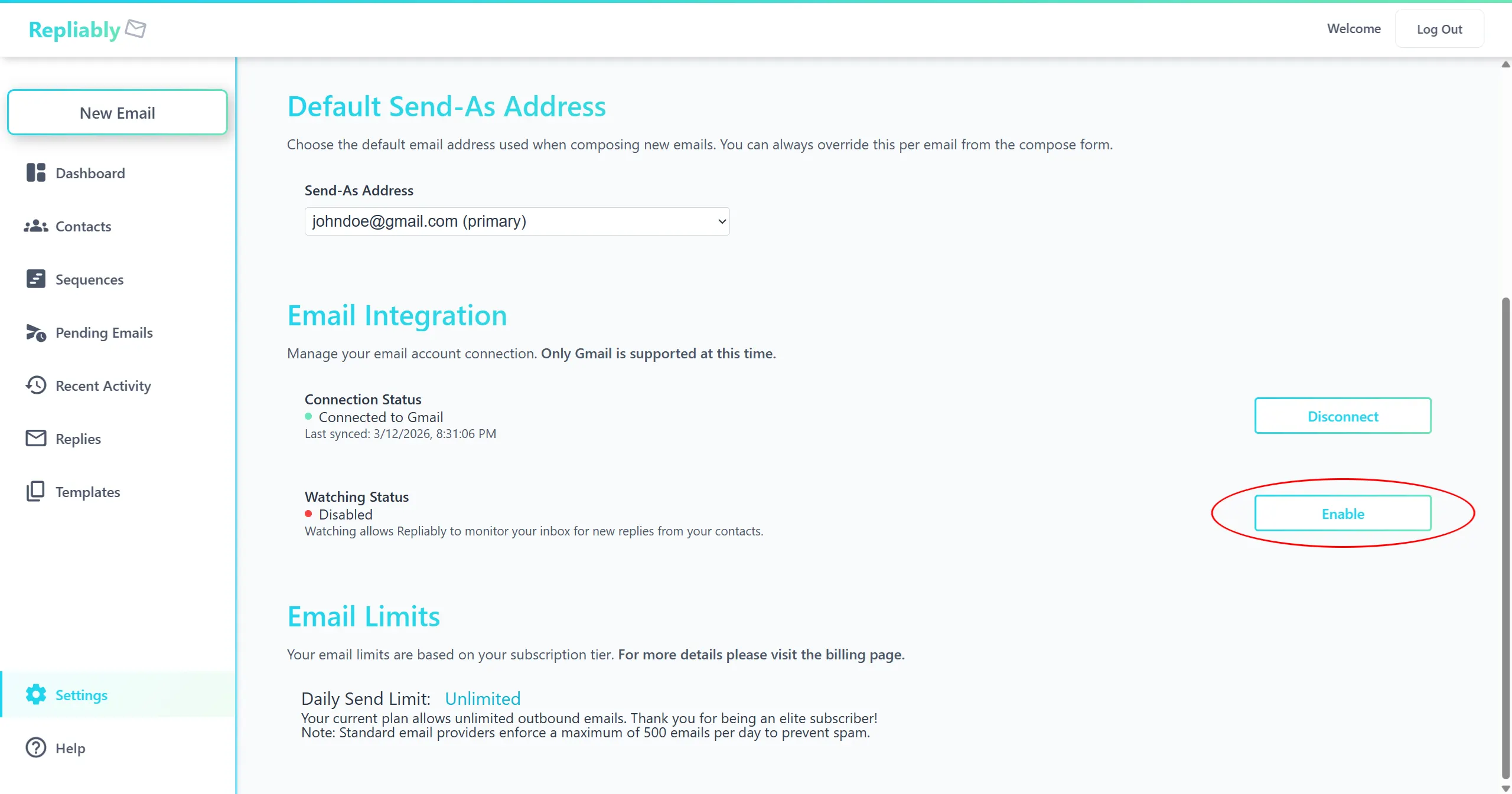 Screenshot of the email watching toggle in Settings