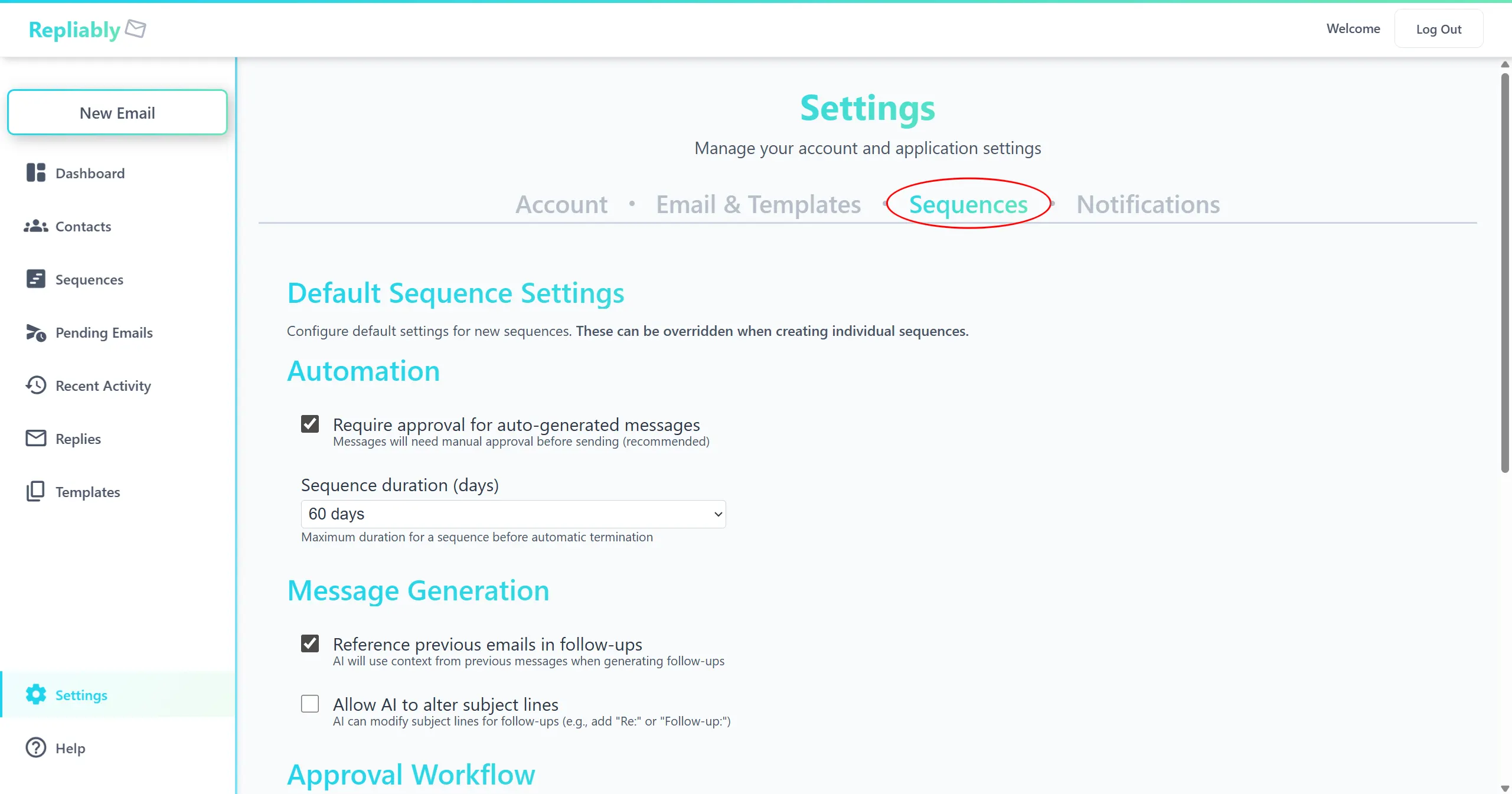 Screenshot of the sequence default settings in the Settings page