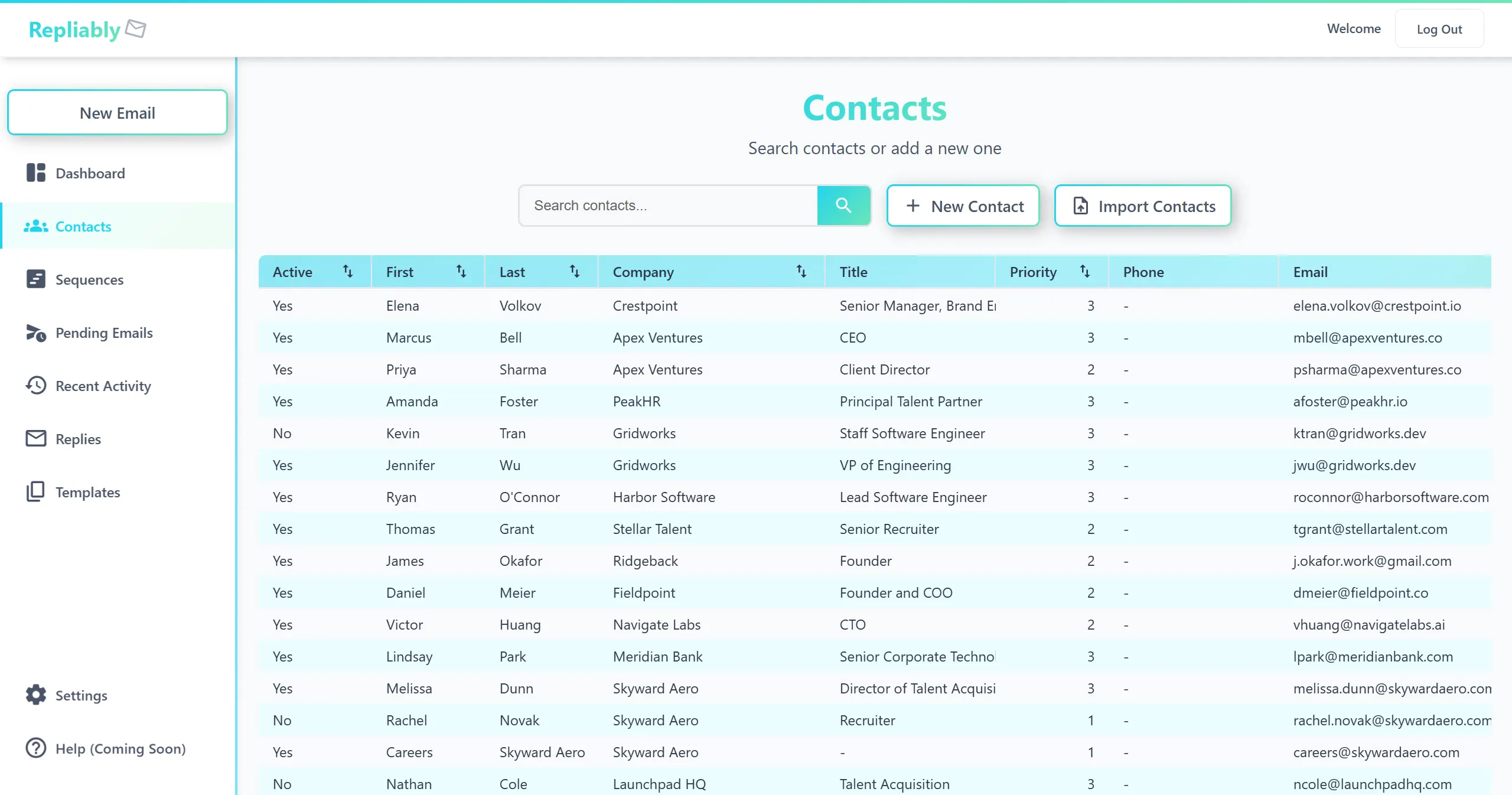 Screenshot of the Contacts table with search and sort controls