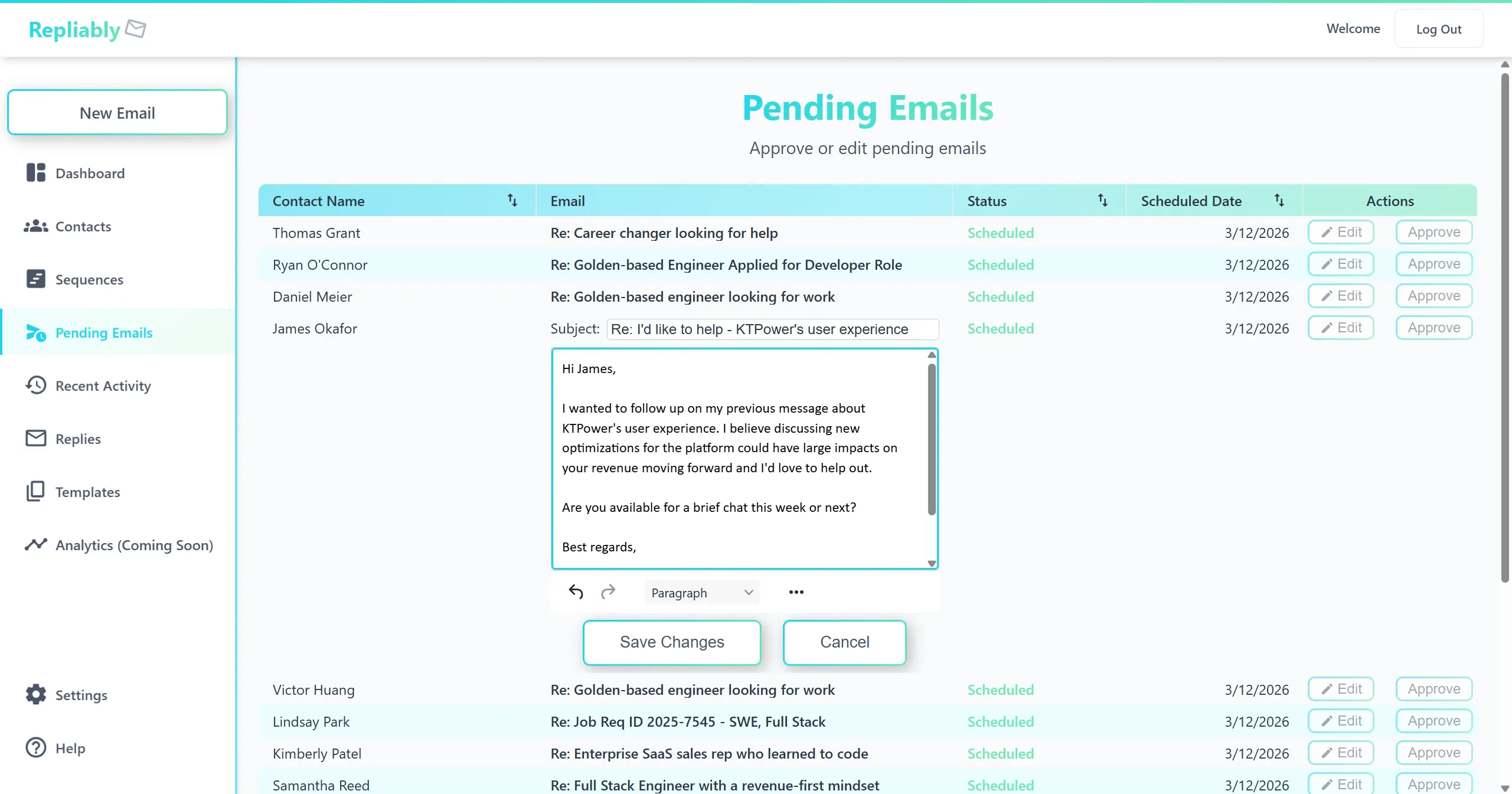 Example of a editing an AI-generated follow-up email before sending
